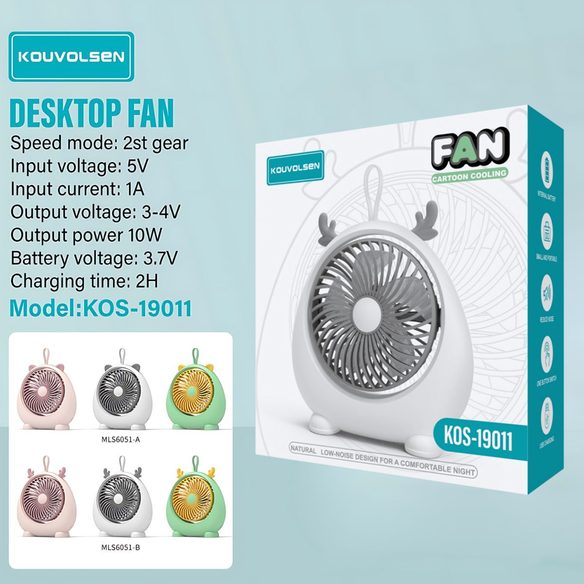 Ventilador de Escritorio Recargable USB 5V. Abanico Portátil de 2 Velocidades. Diseño Silencioso y Compacto para Mesa. Color blanco.
