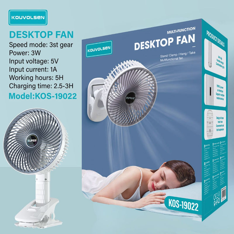 Ventilador Portátil Recargable con Clip y Base. Abanico de 3 Velocidades USB 5V. Silencioso para Escritorio, Mesa o Cama. Color Blanco.