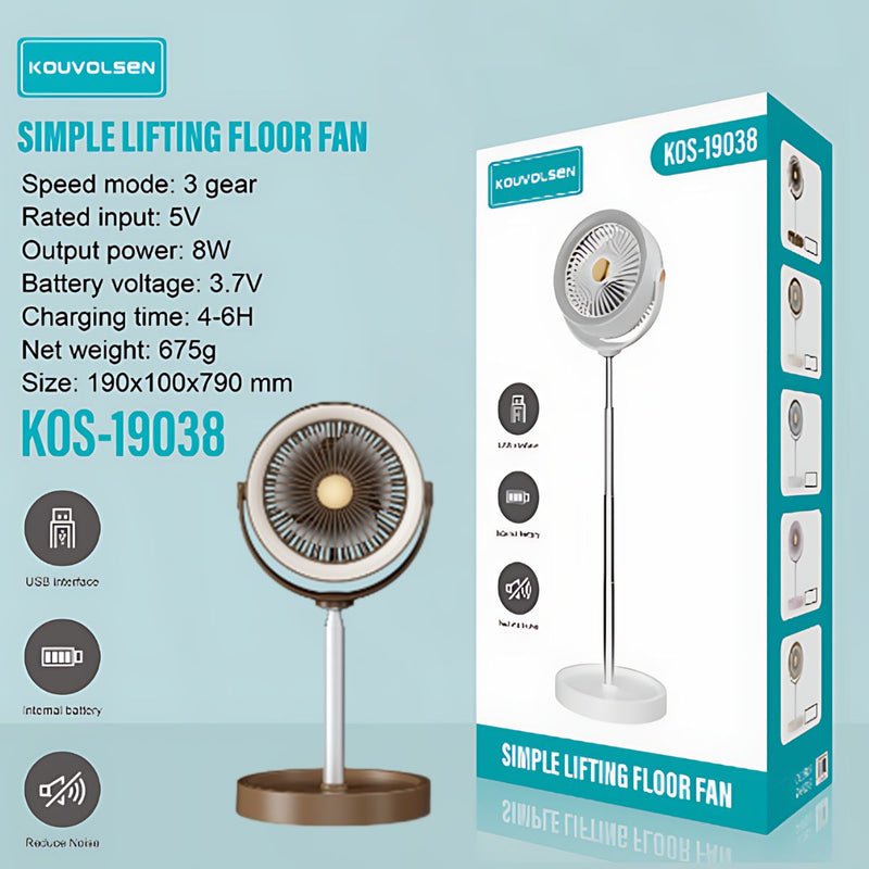 Ventilador de Pedestal Recargable USB 5V. Abanico de Piso Ajustable en Altura con 3 Velocidades. Portátil y Silencioso. Color marrón con blanco.
