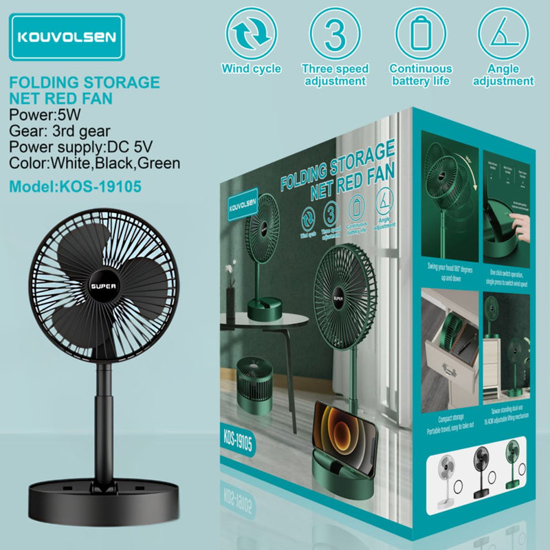 Ventilador de Piso Plegable Recargable USB 5V. Abanico Portátil con 3 Velocidades y Altura Ajustable. Color Negro.