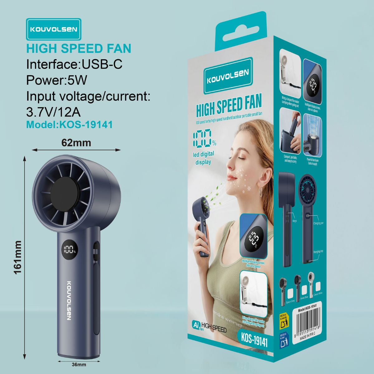 Ventilador Portátil de Alta Velocidad Recargable USB-C con Pantalla Digital LED. Abanico de Mano Potente y Compacto. Color negro.