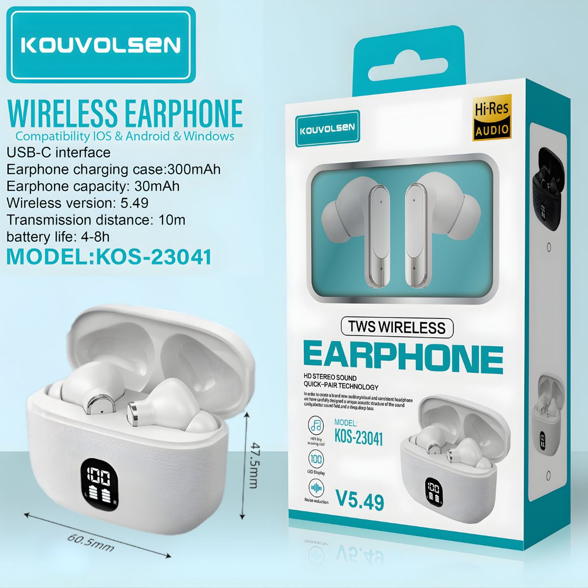 Audífonos Inalámbricos Bluetooth 5.4 TWS Hi-Res Audio. Auriculares con Cancelación de Ruido y Pantalla LED. Color Blanco.