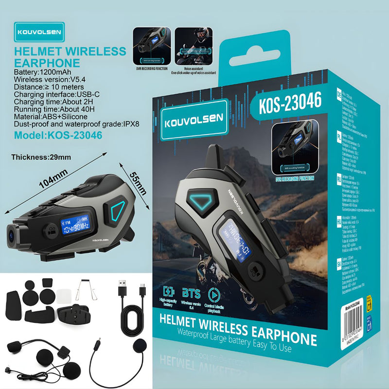 Audífono Bluetooth V5.4 para Casco de Moto con Cámara y Grabación de Video Integrada (DVR). Auriculares Inalámbricos con Micrófono IPX8.