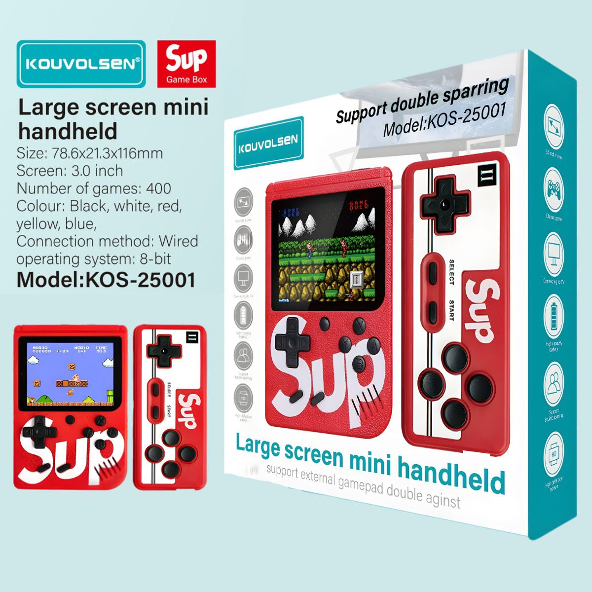 Consola De Videojuegos Portátil Retro 3” Con 400 Juegos. Mini Game Box 8-Bit Con Salida AV Para TV Y Modo 2 Jugadores. Consola Arcade. Color rojo.