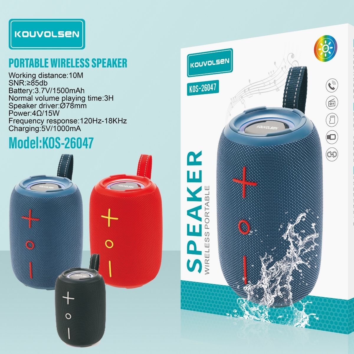 Bocina Bluetooth 5.3 Portátil 15W. Altavoz Inalámbrico. Speaker Parlante Recargable con Batería de 1500 mAh y Correa. Color azul.