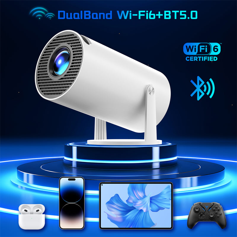 Proyector 4K Inteligente con Android 11, WiFi 6 Dual Band, Bluetooth 5.0 y Rotación Ajustable hasta 130”. Proyector multimedia.