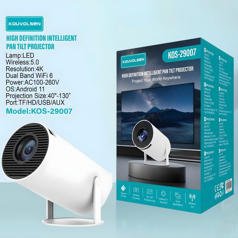 Proyector 4K Inteligente con Android 11, WiFi 6 Dual Band, Bluetooth 5.0 y Rotación Ajustable hasta 130”. Proyector multimedia.