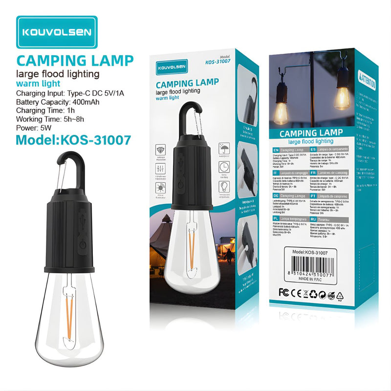 Lámpara LED Portátil con Gancho, Luz Cálida y 3 Niveles de Brillo. Foco Recargable por USB-C para Exterior y Hogar.