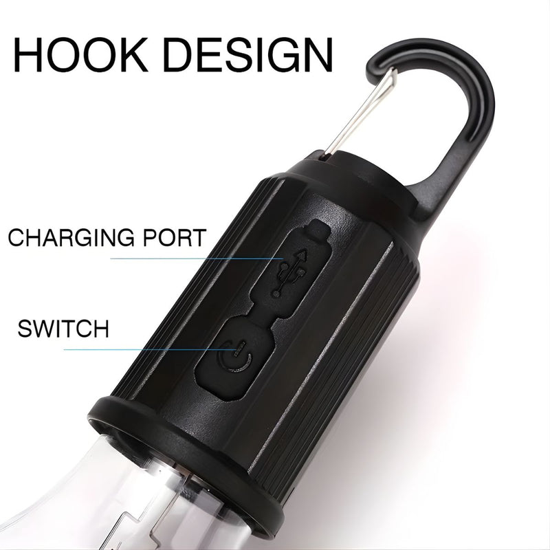 Lámpara LED Portátil con Gancho, Luz Cálida y 3 Niveles de Brillo. Foco Recargable por USB-C para Exterior y Hogar.