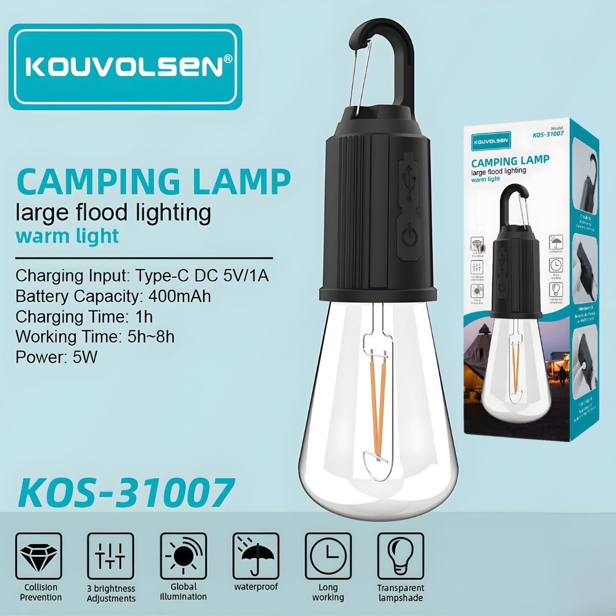 Lámpara LED Portátil con Gancho, Luz Cálida y 3 Niveles de Brillo. Foco Recargable por USB-C para Exterior y Hogar.
