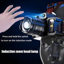 Linterna Frontal LED de Alta Potencia 20W. Recargable por USB. Zoom Ajustable y Sensor de Movimiento. Luz COB con Iluminación Amplia.