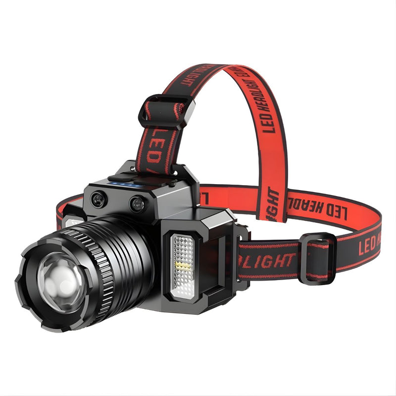 Linterna Frontal LED de Alta Potencia 20W. Recargable por USB. Zoom Ajustable y Sensor de Movimiento. Luz COB con Iluminación Amplia.