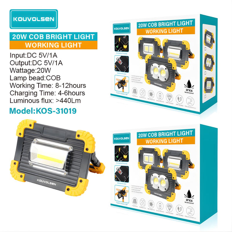 Reflector LED Portátil. Lampara de Trabajo 20W COB IPX4. Luz Recargable con Soporte Giratorio 180°. Función Power Bank USB.
