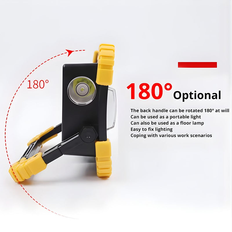Reflector LED Portátil. Lampara de Trabajo 20W COB IPX4. Luz Recargable con Soporte Giratorio 180°. Función Power Bank USB.