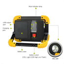 Reflector LED Portátil. Lampara de Trabajo 20W COB IPX4. Luz Recargable con Soporte Giratorio 180°. Función Power Bank USB.