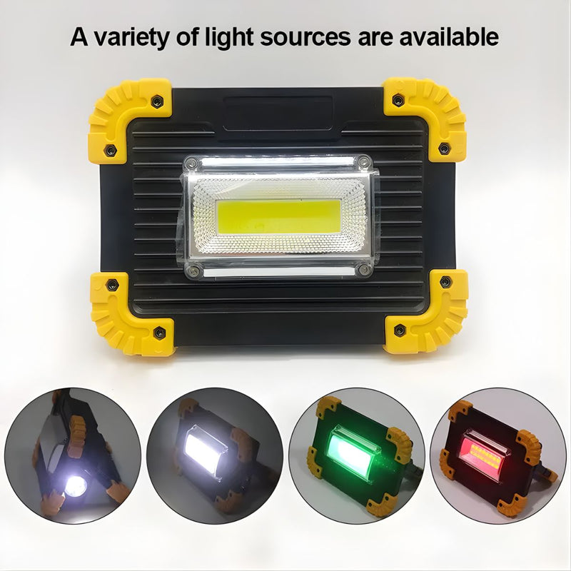 Reflector LED Portátil. Lampara de Trabajo 20W COB IPX4. Luz Recargable con Soporte Giratorio 180°. Función Power Bank USB.