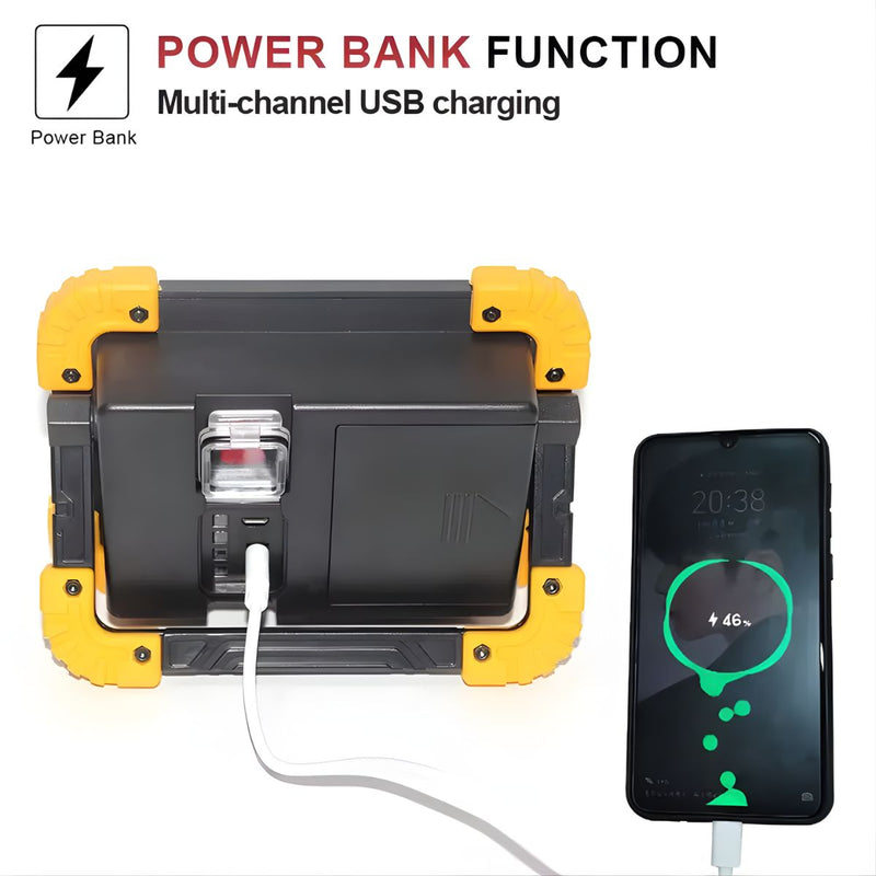 Reflector LED Portátil. Lampara de Trabajo 20W COB IPX4. Luz Recargable con Soporte Giratorio 180°. Función Power Bank USB.