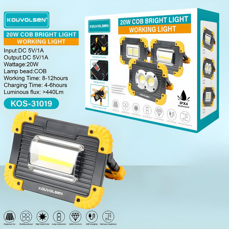 Reflector LED Portátil. Lampara de Trabajo 20W COB IPX4. Luz Recargable con Soporte Giratorio 180°. Función Power Bank USB.