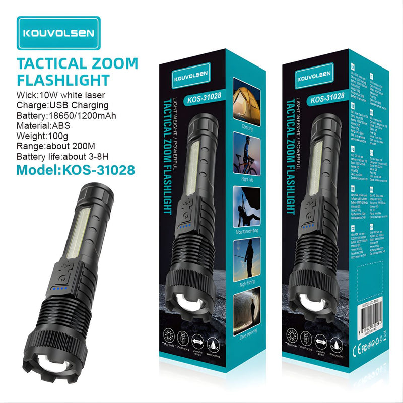Linterna LED Recargable de Alta Potencia 10W. Luz Blanca con Zoom Ajustable. Alcance Hasta 200 Metros. Resistente al Agua.