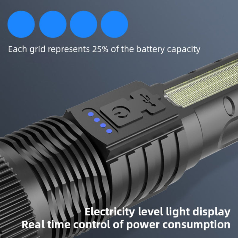 Linterna LED Recargable de Alta Potencia 10W. Luz Blanca con Zoom Ajustable. Alcance Hasta 200 Metros. Resistente al Agua.