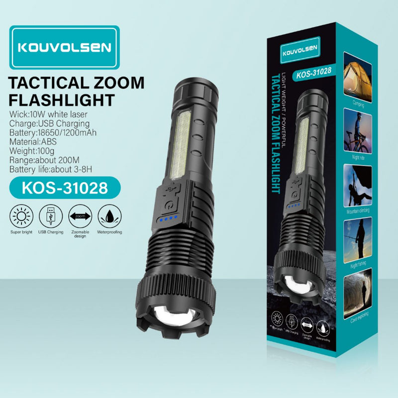Linterna LED Recargable de Alta Potencia 10W. Luz Blanca con Zoom Ajustable. Alcance Hasta 200 Metros. Resistente al Agua.