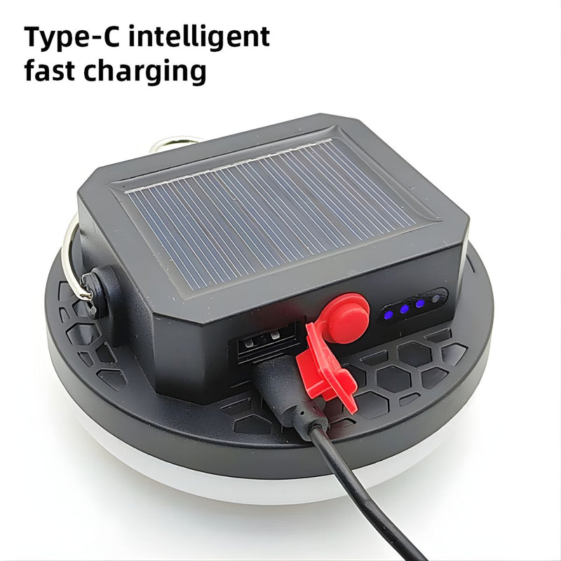 Lámpara LED Solar Portátil 10W Recargable Con Panel Solar y USB-C. Luz Blanca y Cálida. Resistente al Agua.
