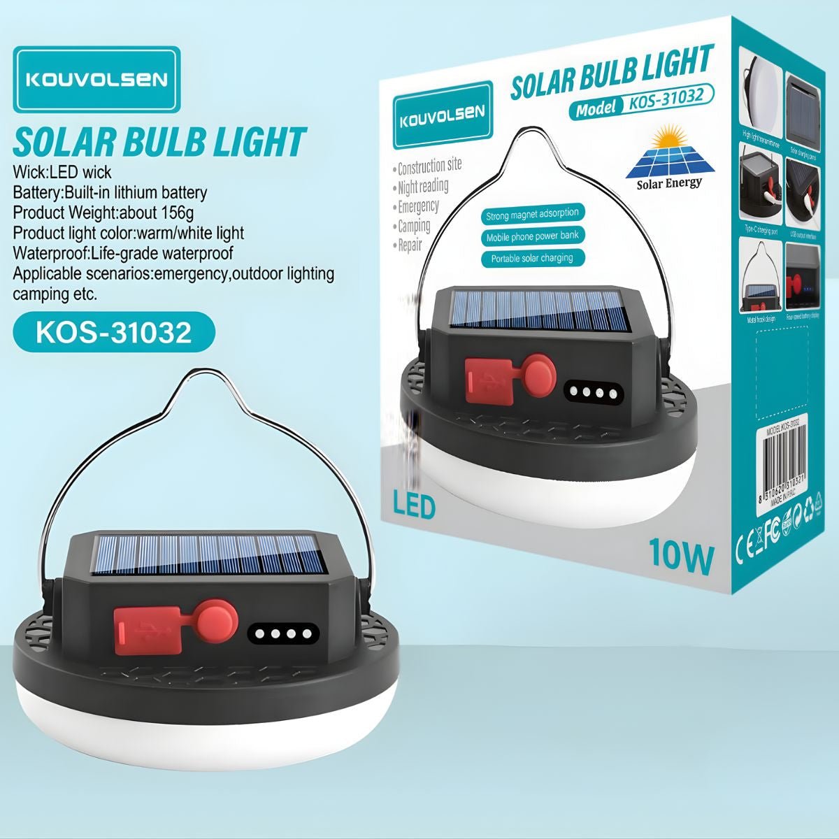 Lámpara LED Solar Portátil 10W Recargable Con Panel Solar y USB-C. Luz Blanca y Cálida. Resistente al Agua.