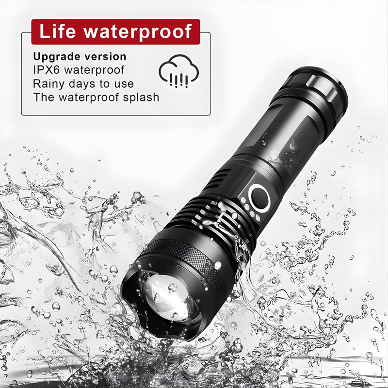 Linterna LED De Alta Potencia Con Zoom Telescópico. Luz Táctica De 10W Recargable USB-C. 4 Modos Con Función SOS.