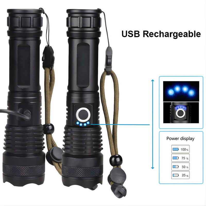 Linterna LED De Alta Potencia Con Zoom Telescópico. Luz Táctica De 10W Recargable USB-C. 4 Modos Con Función SOS.