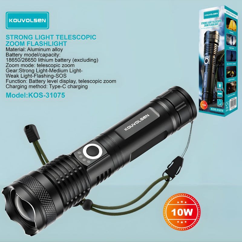 Linterna LED De Alta Potencia Con Zoom Telescópico. Luz Táctica De 10W Recargable USB-C. 4 Modos Con Función SOS.