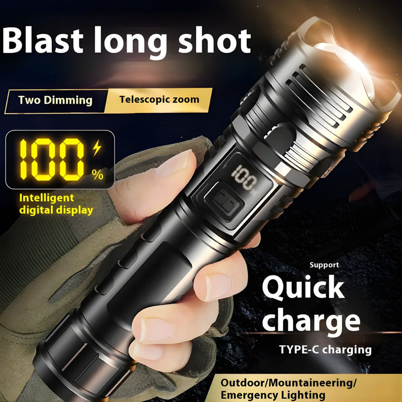 Linterna LED De Alta Potencia Con Zoom Telescópico. Luz Táctica De 10W Recargable USB-C y con 3 Modos De Iluminación.