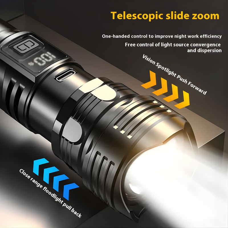 Linterna LED De Alta Potencia Con Zoom Telescópico. Luz Táctica De 10W Recargable USB-C y con 3 Modos De Iluminación.