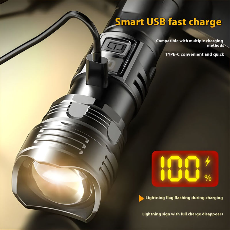 Linterna LED De Alta Potencia Con Zoom Telescópico. Luz Táctica De 10W Recargable USB-C y con 3 Modos De Iluminación.