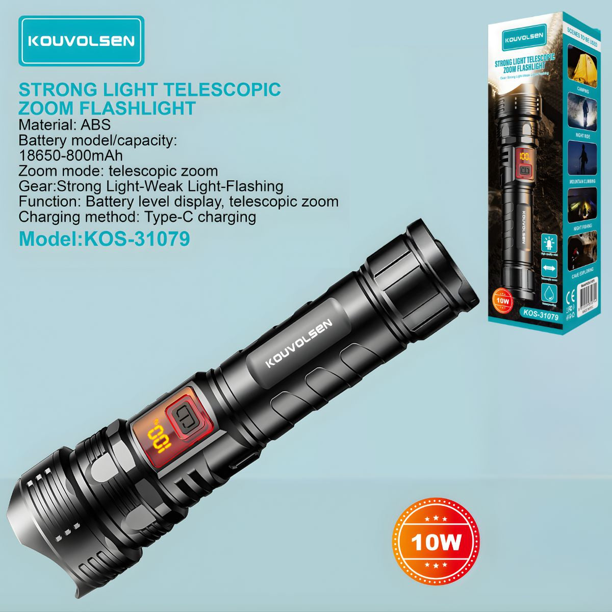 Linterna LED De Alta Potencia Con Zoom Telescópico. Luz Táctica De 10W Recargable USB-C y con 3 Modos De Iluminación.