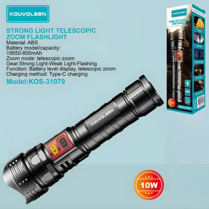 Linterna LED De Alta Potencia Con Zoom Telescópico. Luz Táctica De 10W Recargable USB-C y con 3 Modos De Iluminación.