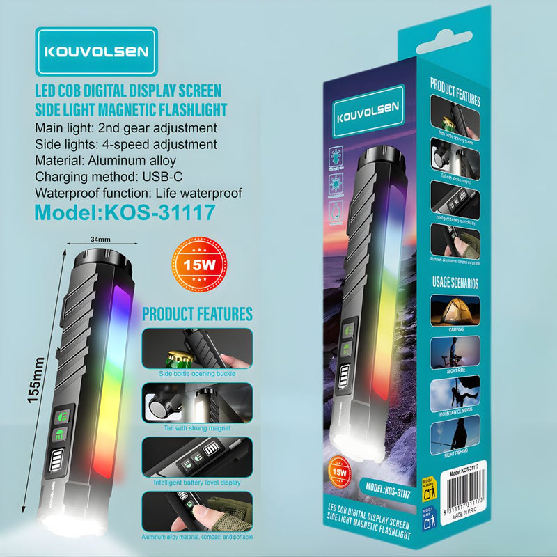 Linterna LED COB Multifuncional Con Luz Lateral Magnética Y Pantalla Digital. Iluminación Portátil De 15W Recargable USB-C.