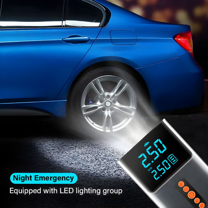 Inflador de Aire Portátil Digital Inalámbrico 150PSI con Pantalla LCD y Luz LED. Inflador de Llantas para Autos, Motos y Bicicletas.