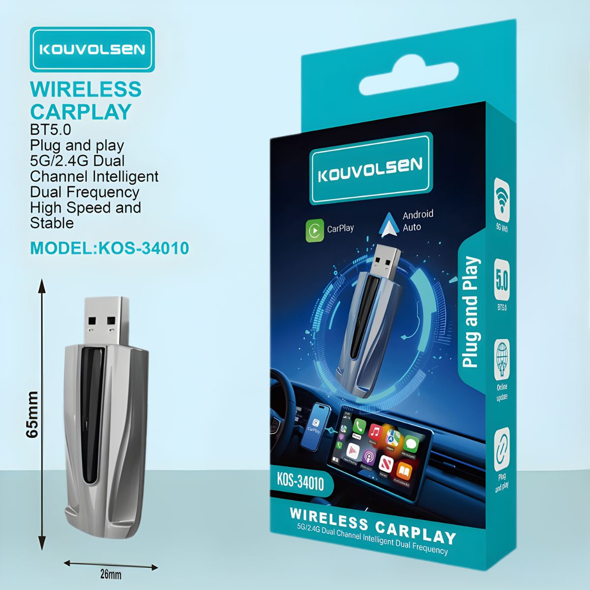 Adaptador Inalámbrico CarPlay y Android Auto 2 en 1. Convierte CarPlay Cableado a Wireless. Plug & Play USB con Bluetooth 5.0 y Doble Banda 2.4G/5G. Color gris.