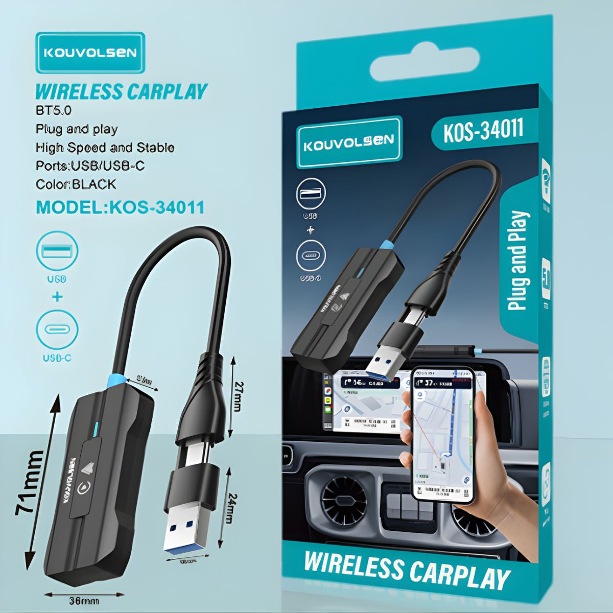 Adaptador Inalámbrico CarPlay y Android Auto 2 en 1. Convierte CarPlay Cableado a Wireless. Plug & Play USB-A a USB-C para Auto.