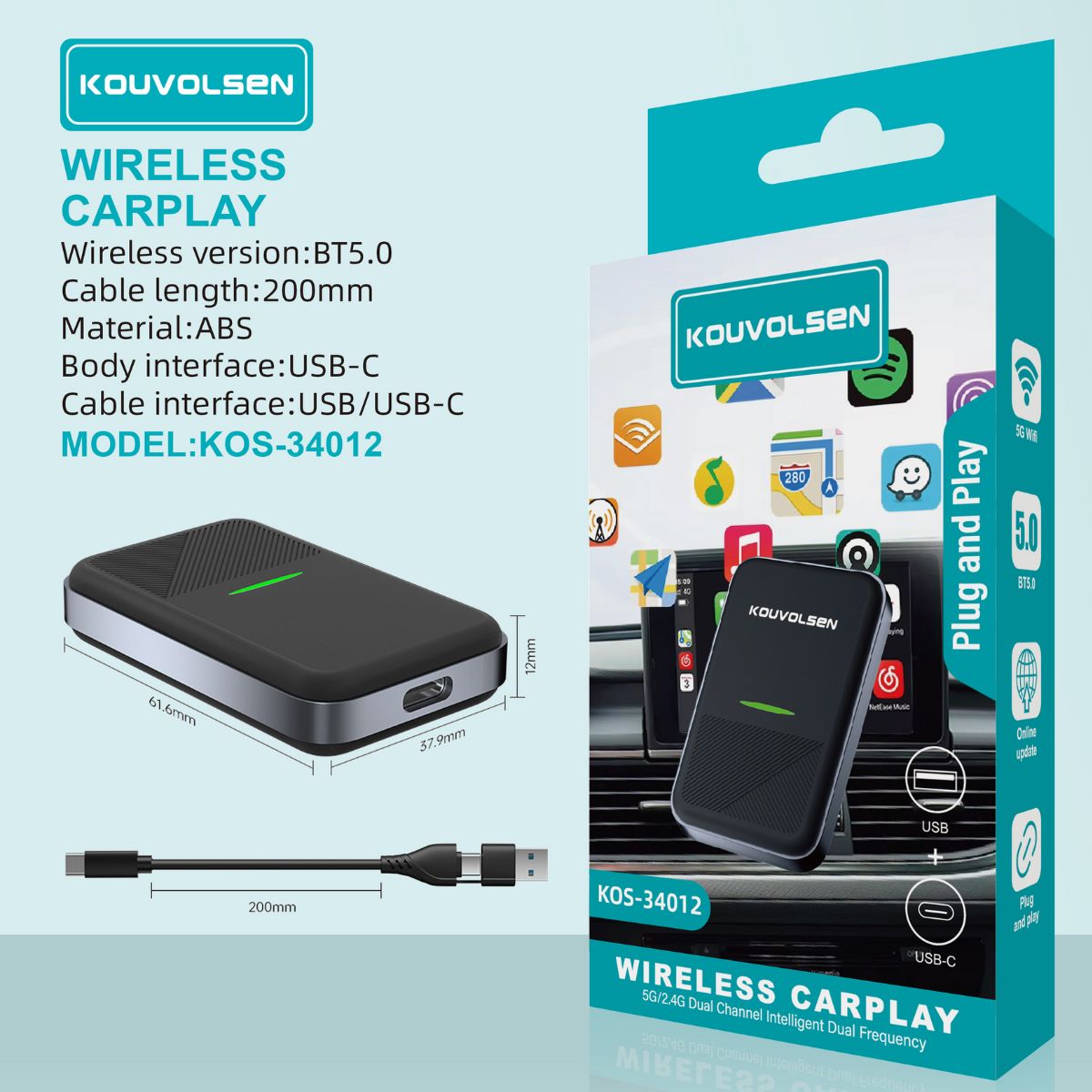 Adaptador Inalámbrico CarPlay y Android Auto para Auto. Convierte CarPlay/Android Auto con Cable a Wireless. Plug & Play USB-C.