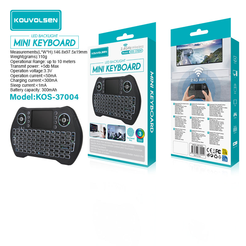 Teclado Inalámbrico Mini 2.4GHz con Touchpad Integrado y Retroiluminación LED. Compatible con Smart TV, Android, TV Box y PC.