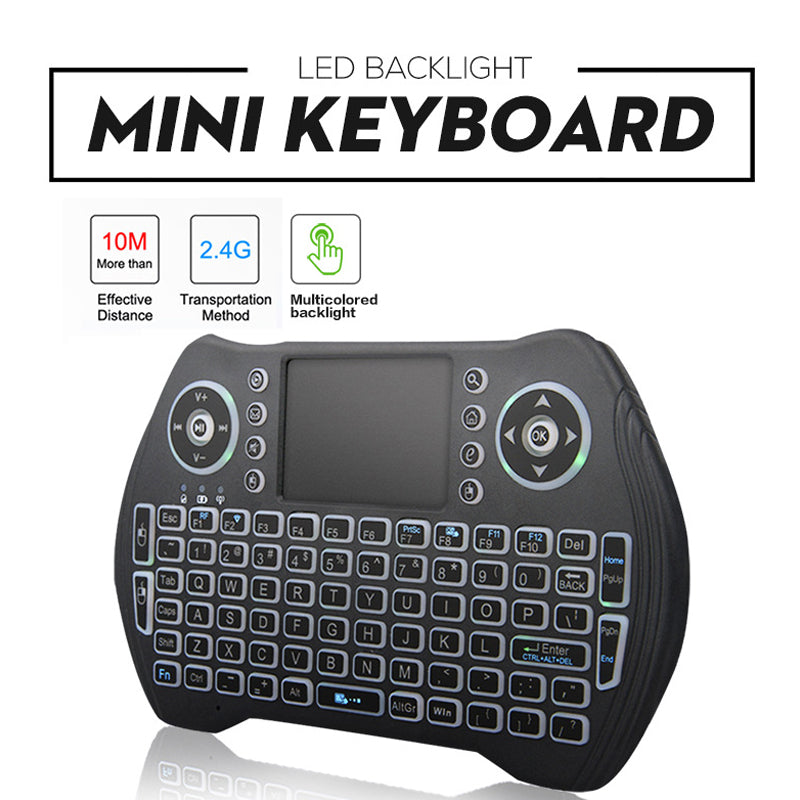 Teclado Inalámbrico Mini 2.4GHz con Touchpad Integrado y Retroiluminación LED. Compatible con Smart TV, Android, TV Box y PC.