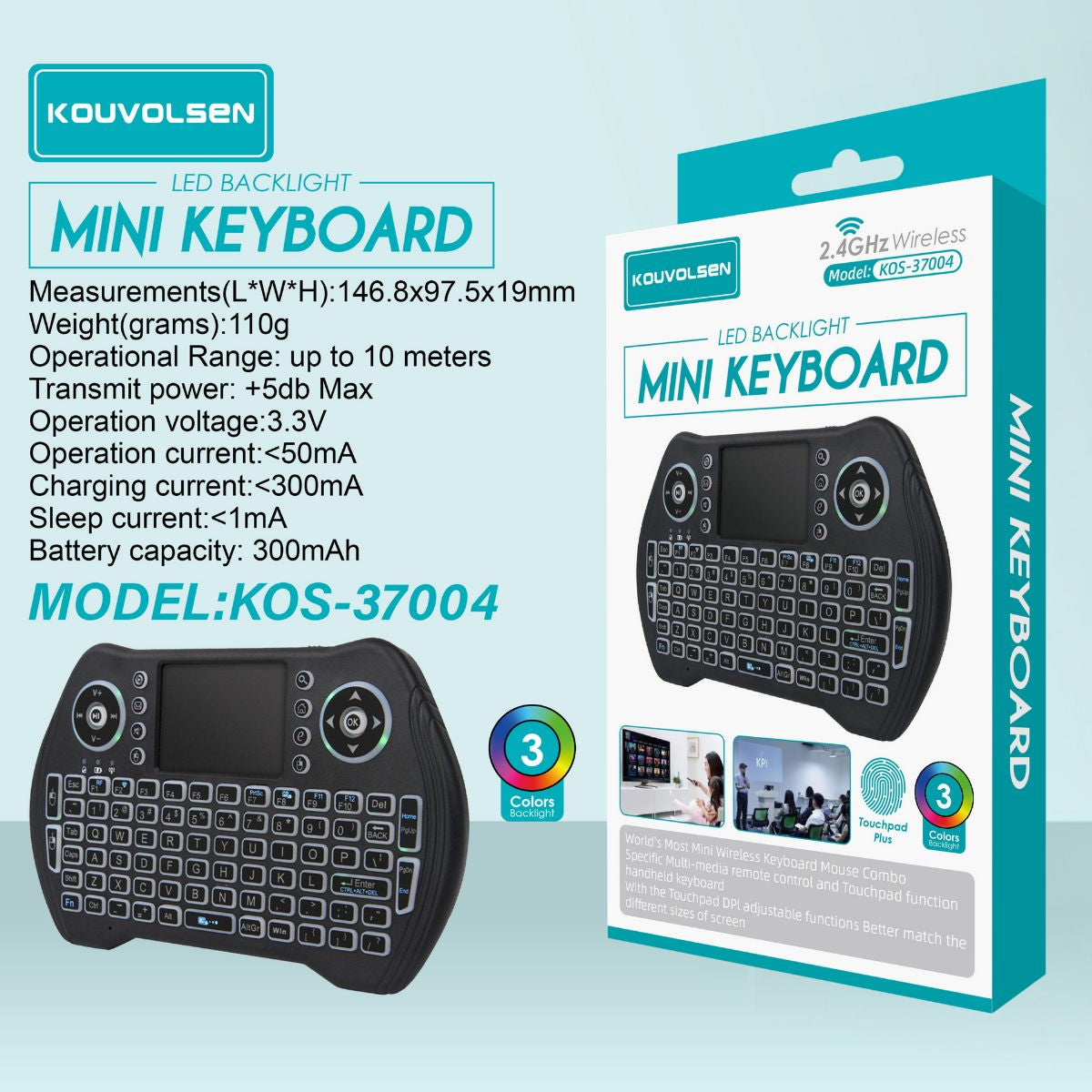 Teclado Inalámbrico Mini 2.4GHz con Touchpad Integrado y Retroiluminación LED. Compatible con Smart TV, Android, TV Box y PC.