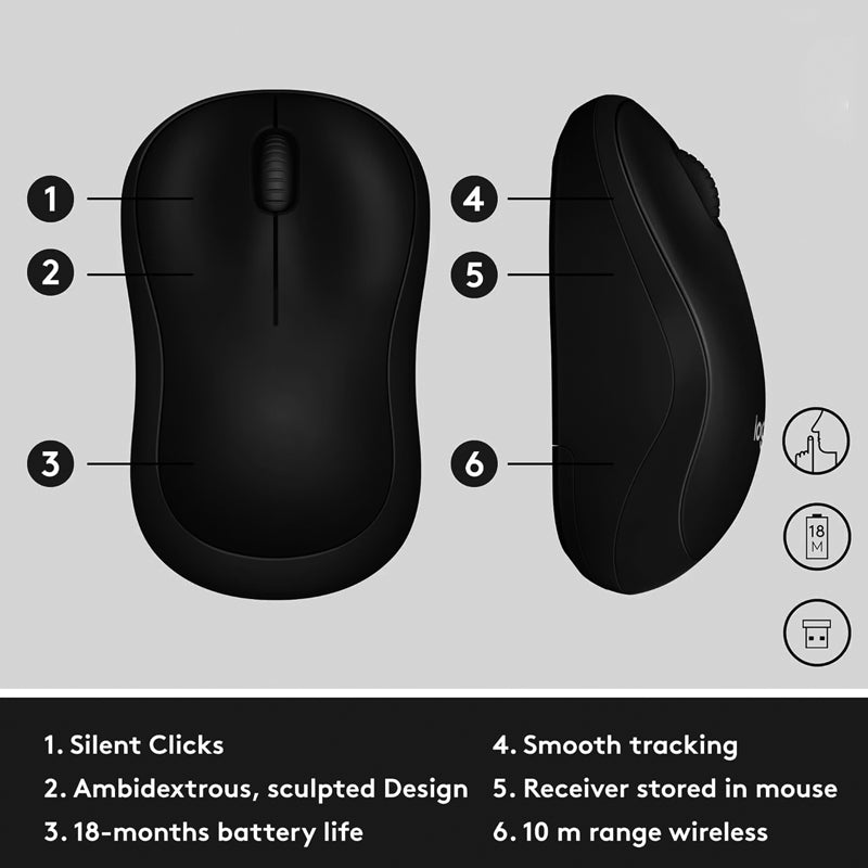 Mouse Inalámbrico USB 1000 DPI Plug And Play. Diseño ergonómico. Color Negro.