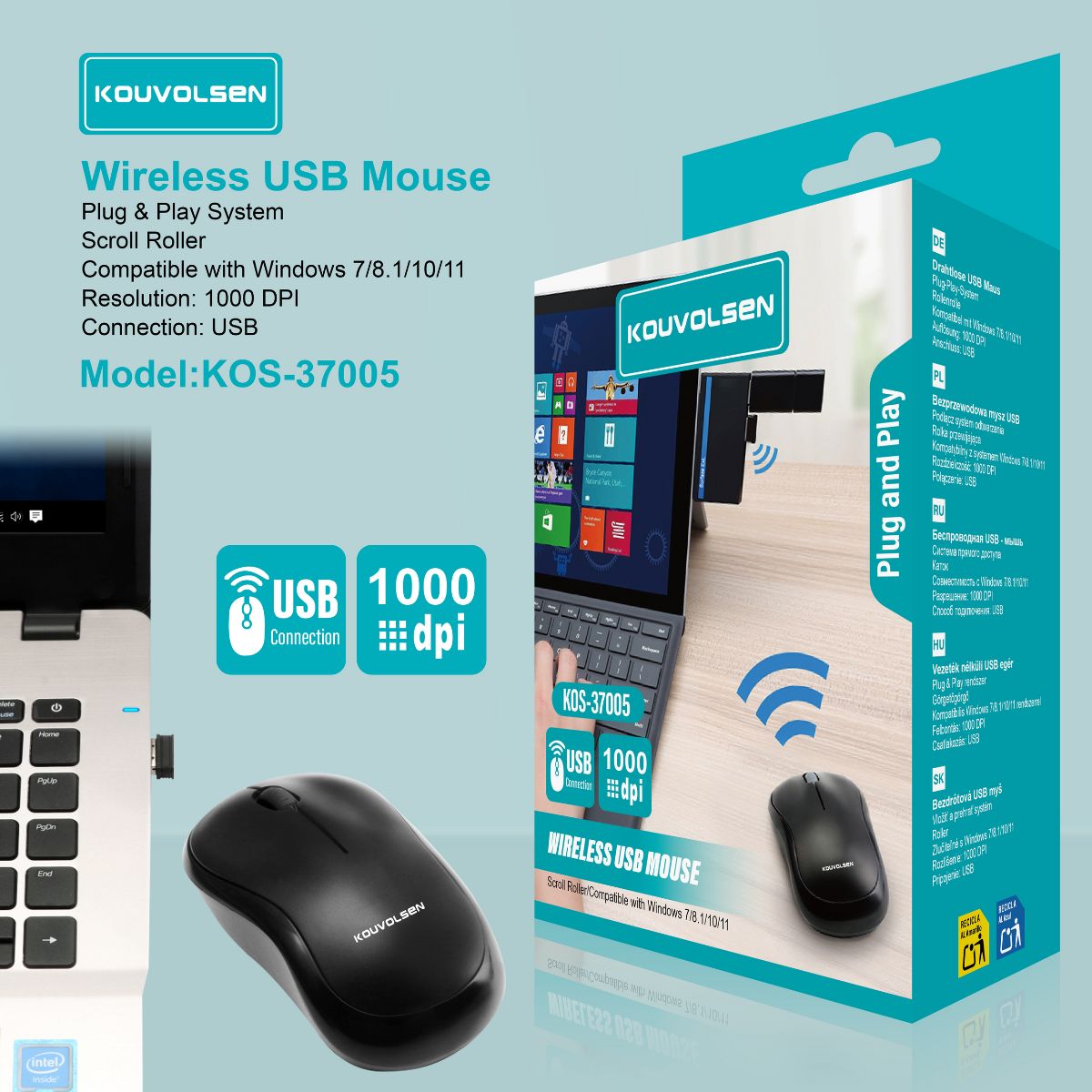 Mouse Inalámbrico USB 1000 DPI Plug And Play. Diseño ergonómico. Color Negro.