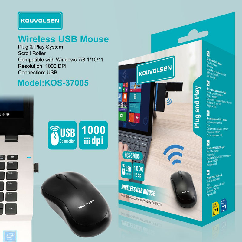 Mouse Inalámbrico USB 1000 DPI Plug And Play. Diseño ergonómico. Color Negro.
