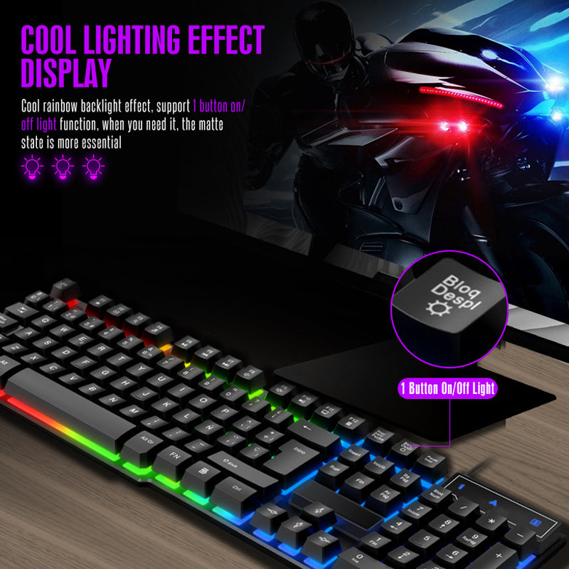 Teclado y Mouse Gamer con Iluminación RGB. Sensación Mecánica, USB, Diseño Ergonómico y Resistente al Agua.