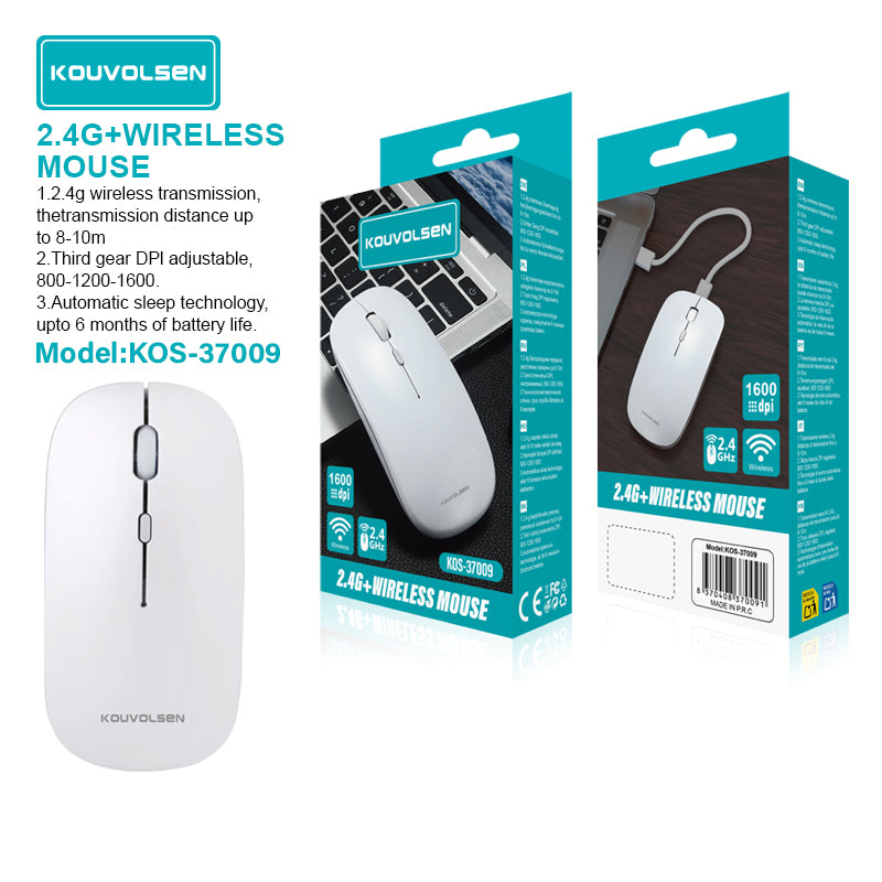 Mouse Inalámbrico 2.4G. DPI Ajustable 800 /1200 /1600. Diseño Delgado y Ergonómico. Color Blanco.