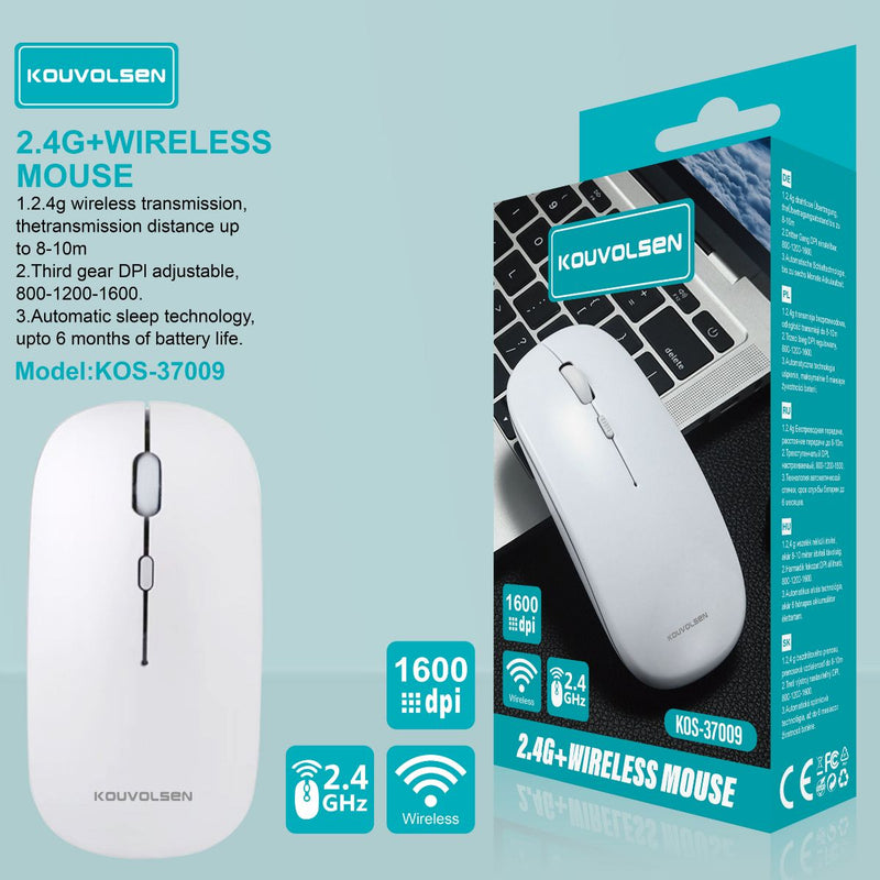 Mouse Inalámbrico 2.4G. DPI Ajustable 800 /1200 /1600. Diseño Delgado y Ergonómico. Color Blanco.