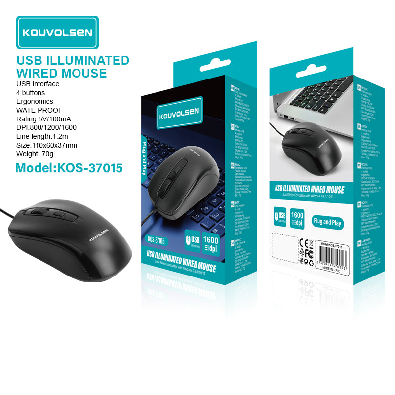Mouse con Cable USB (1.2m). DPI Ajustable 800-1200-1600. Diseño Ergonómico de 4 Botones. Ideal para PC y Laptop.